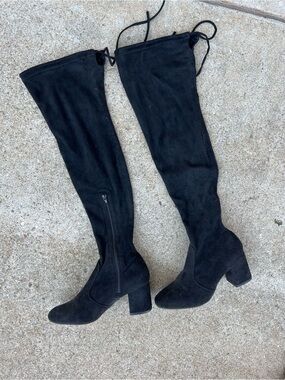 Black Faux Suede Tie-Back Over-the-Knee Block Heel Boots